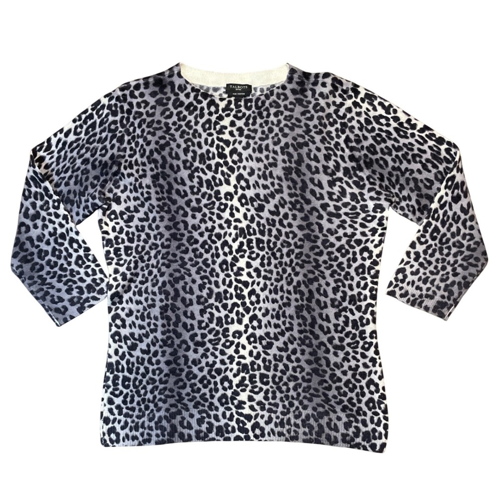 Talbots Cashmere Leopard Print Crew Neck 3/4 sleeve Sweater Black Sz Medium